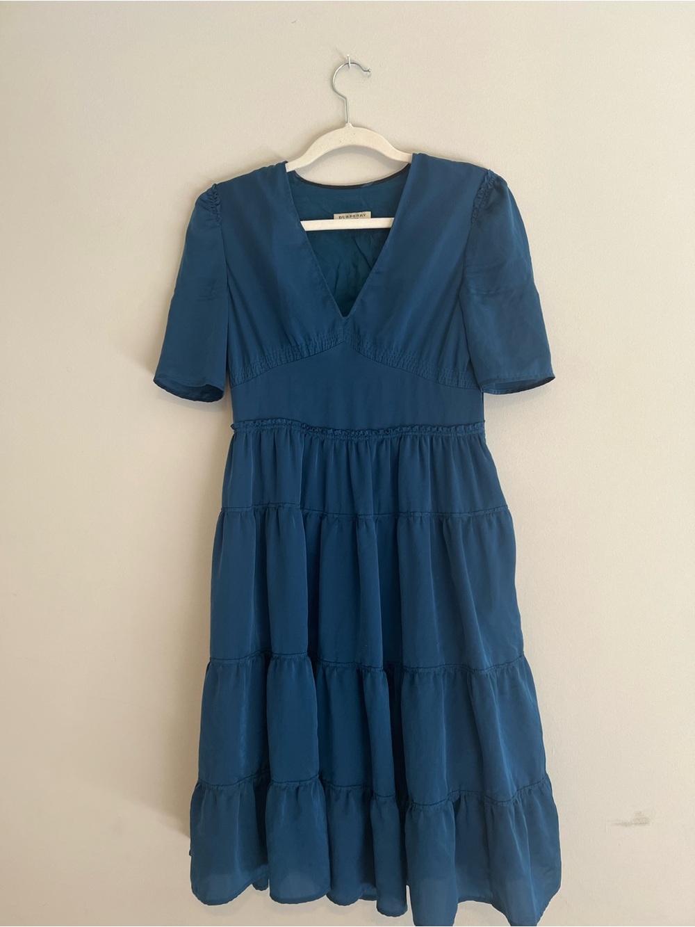 Burberry Teal Tiered V-Neck Midi Dress